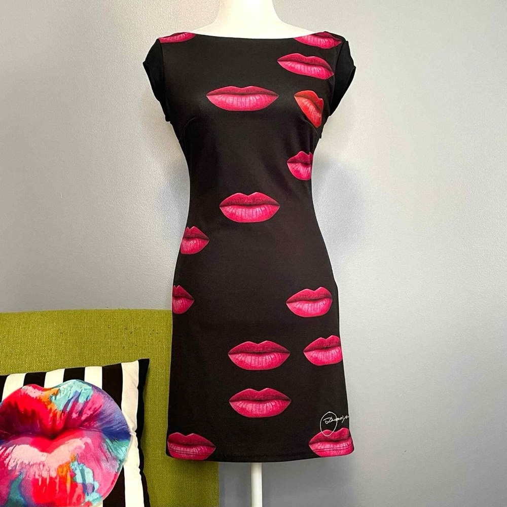 Desigual Black Dress with Pink Lip Print